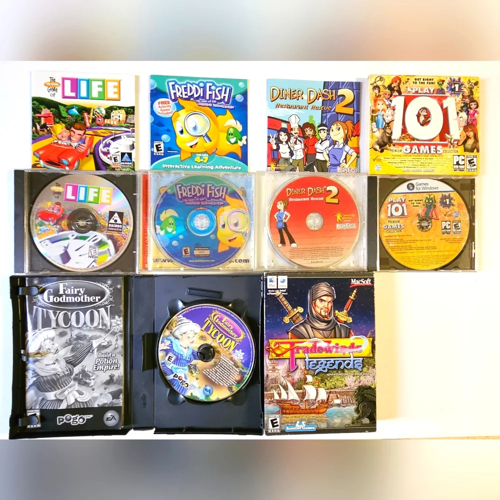 PC CD-ROM Lot of 6 Games (LIFE, Tycoon, Tradewinds, 101 Games, Freddie Fish, Et)